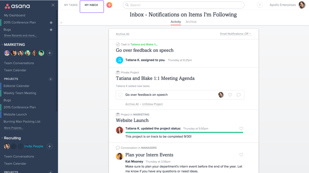 Asana Inbox View