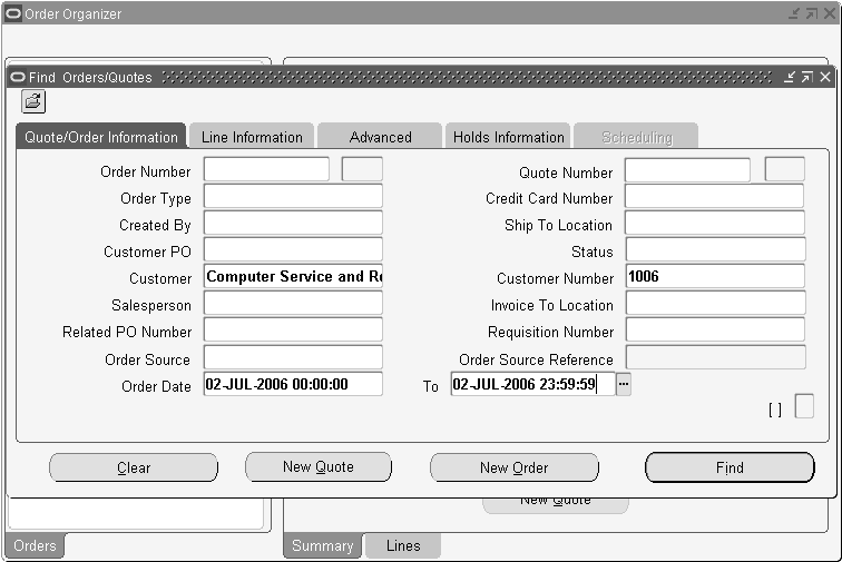 Oracle E-Business Suite Find Orders/Quotes Module