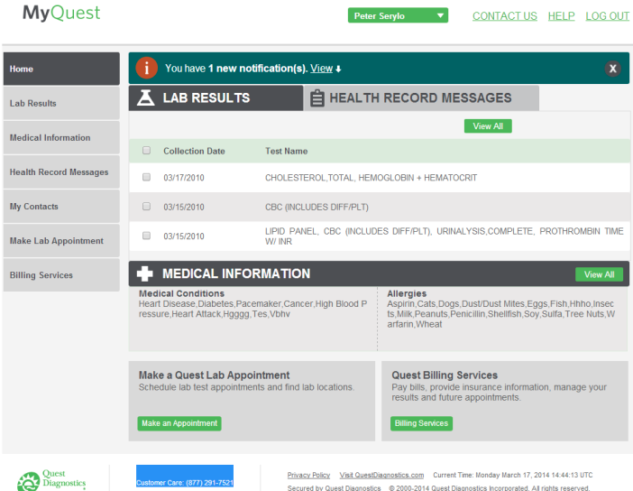 Accessing lab results, health records and messaging from home pages