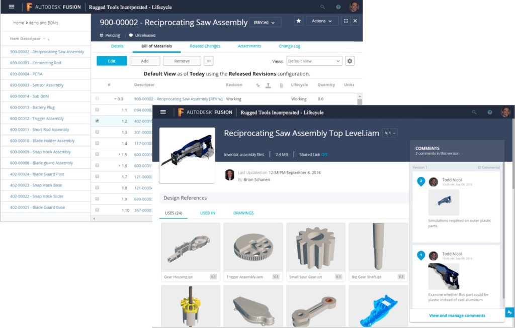 Bill of Materials management interface in Autodesk Fusion Lifecycle