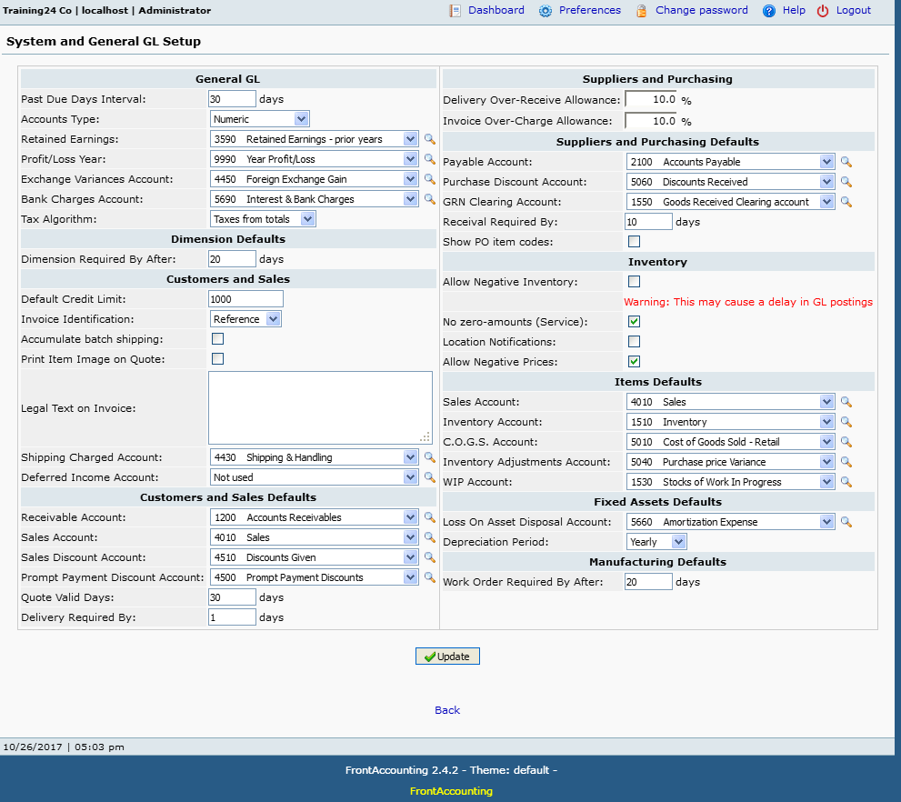 FrontAccounting's Configuration Settings