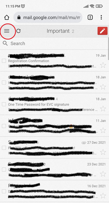 Burger Menu in Gmail Mobile App