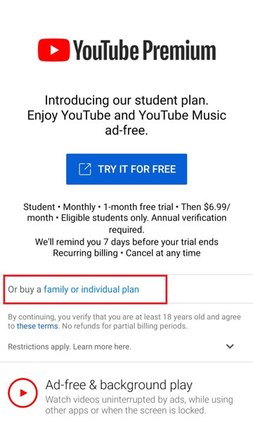 YouTube Premium Family Plan Android