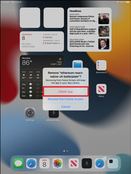 Select the app to remove in iPad