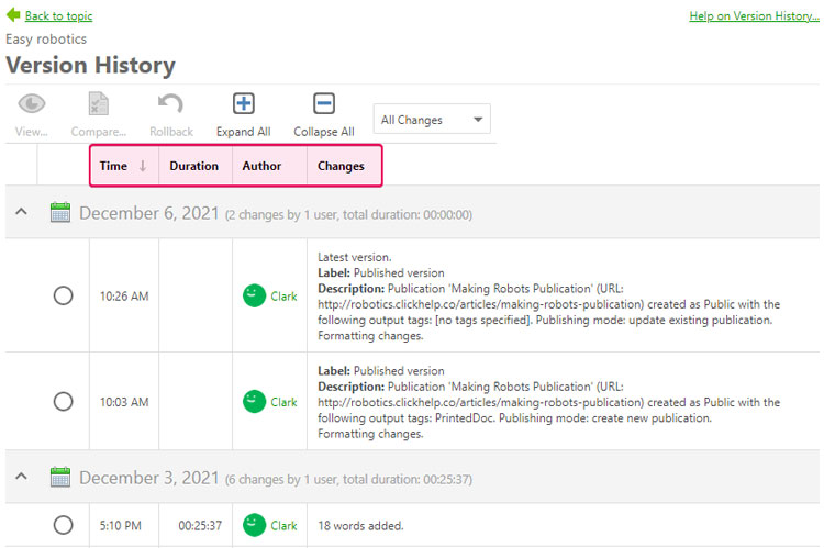 Viewing the version history of a document