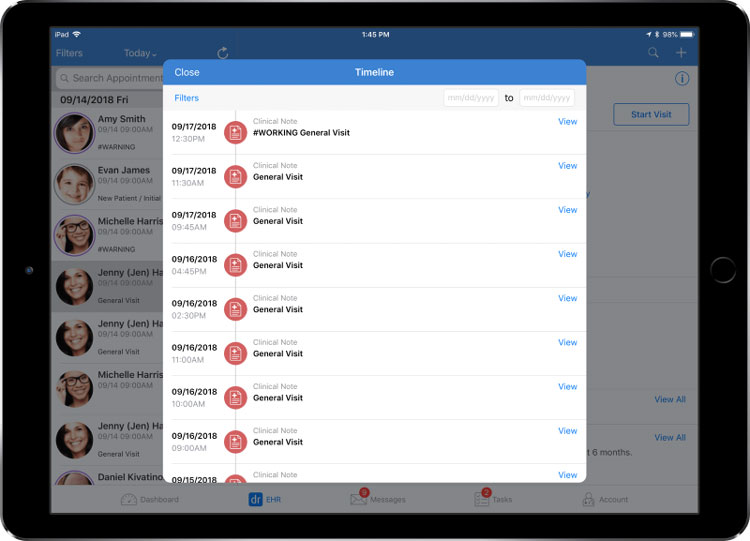 DrChrono EHR timeline view displaying clinical notes and visit details on a tablet