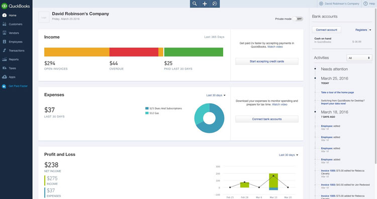 QuickBooks Online Dashboard