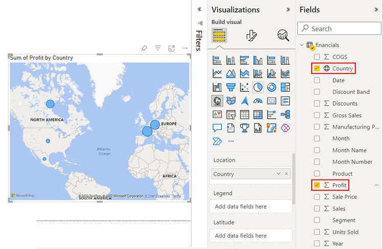 Map Visual with Bubbles Representing Relative Profit