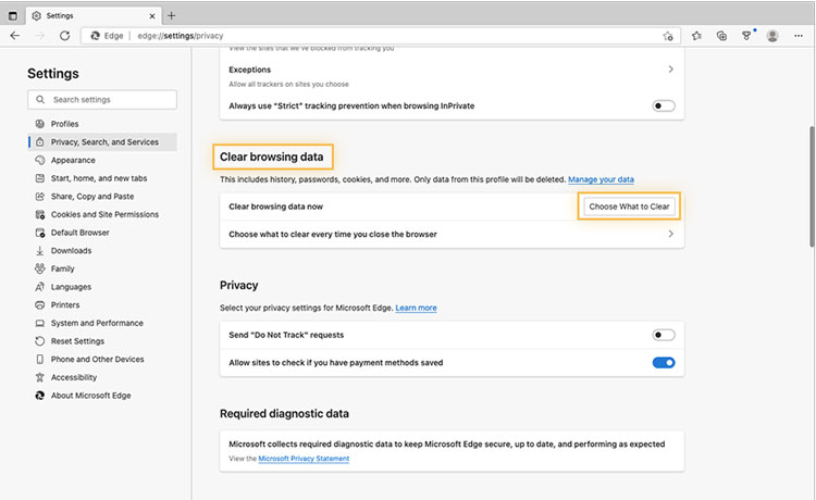 Clear Browsing Data in Edge