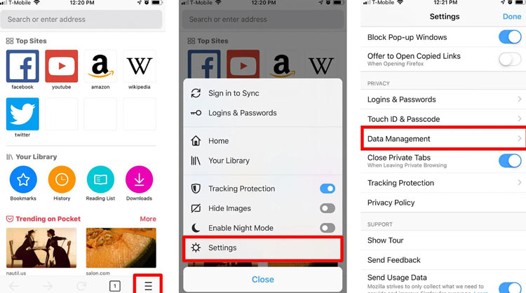 FireFox Data Management Settings in iPhone and iPad