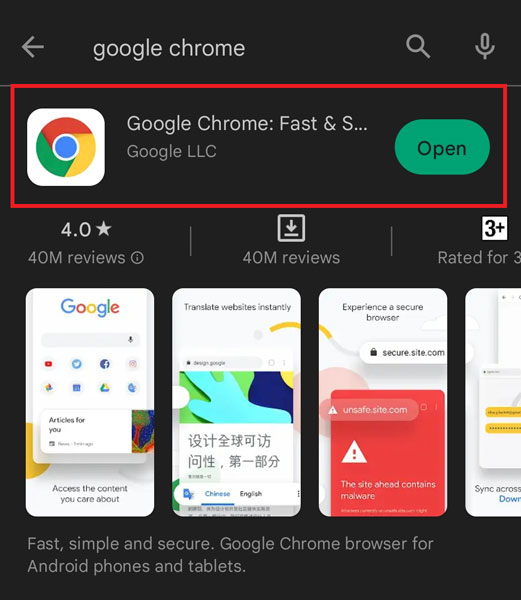 Google Chrome App Listing in Play Store