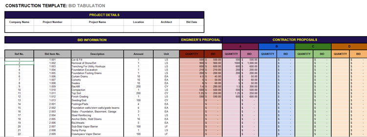 Bid Tabulation Template