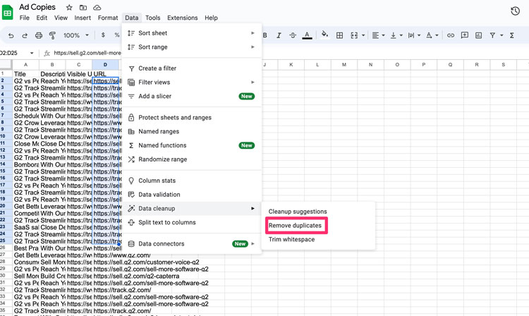 Remove Duplicates Tool under Data Tab in Google Sheets