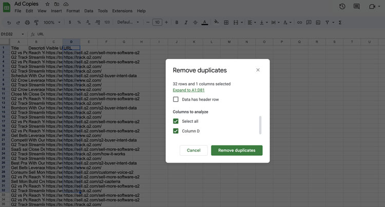 Remove Duplicate Dialog Box in Google Sheets