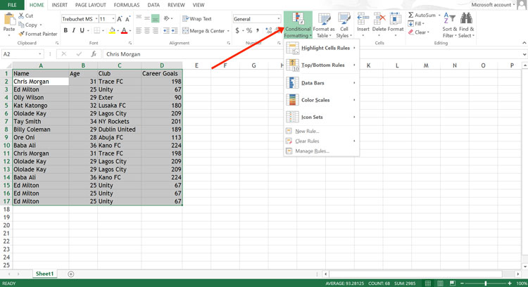 Select the Data Range in MS Excel