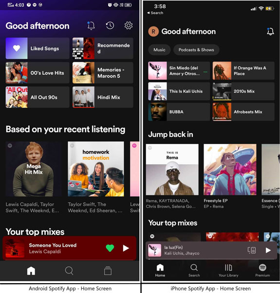 Spotify Home Screen on Android and iOS Devices