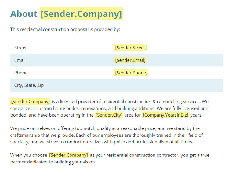 Residential Construction Bid Template