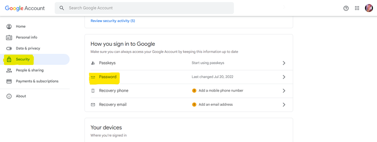 Password Management Under Security Option in Google Account