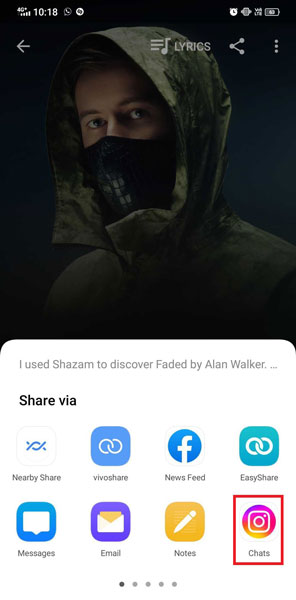 Shazam Sharing Options in Android