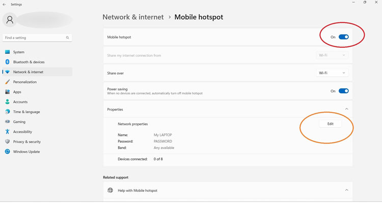 Windows Mobile Hotspot Settings