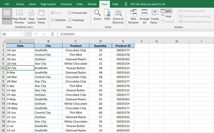 Screen Split Option in View Tab in MS Excel