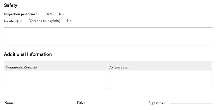 Safety Section in a Construction Daily Report