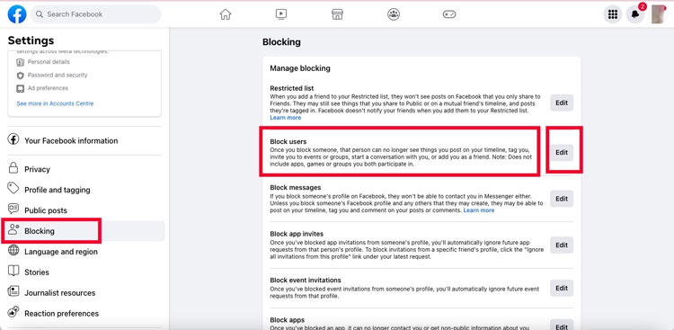 Select Blocking from the Sidebar in Facebook Settings