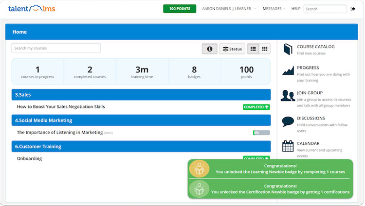 Talent LMS course dashboard displaying course progress, points, and achievements