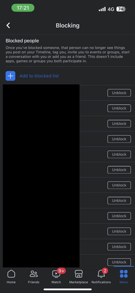 Blocked User List in Facebook App