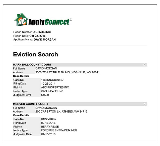 ApplyConnect Sample Eviction Record