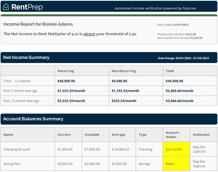 Tenant's Financial Health Report in Rent Prep