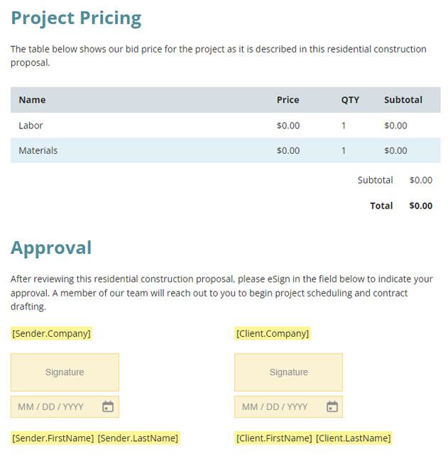 Residential Construction Proposal Pricing