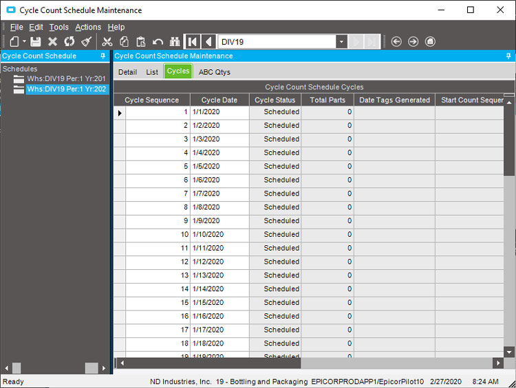 Epicor Cycle Count Schedule Maintenance