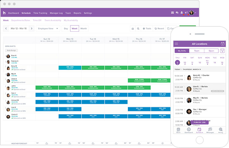 Homebase employee scheduling interface with desktop and mobile views