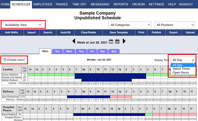 When To Work unpublished employee schedule with availability and shift layout