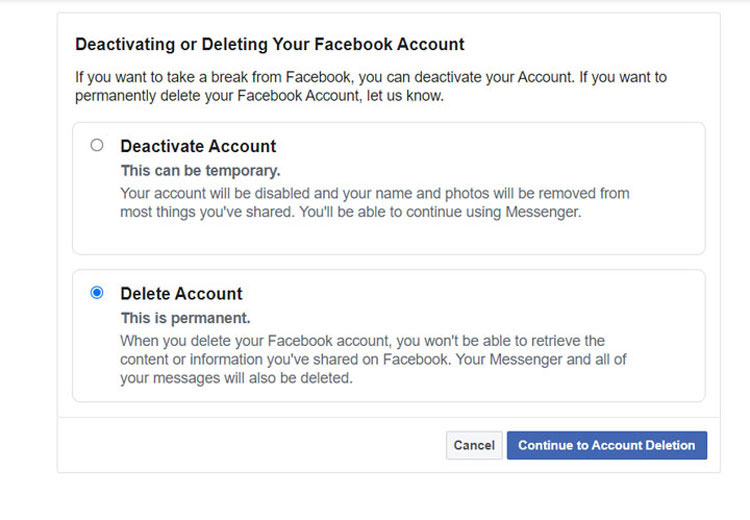 Facebook On App Confirming Delete Account