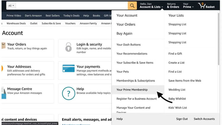 Amazon Accounts and Lists Drop Down Menu