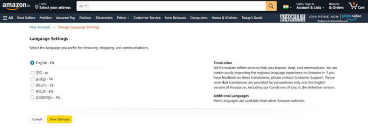 Amazon language Settings