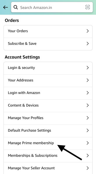 Amazon Account Settings on Mobile