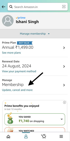 Manage Amazon Prime Membership on Mobile