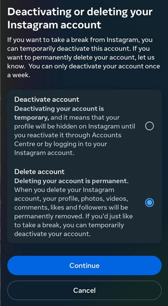 Deactivating or Deleting Instagram Account