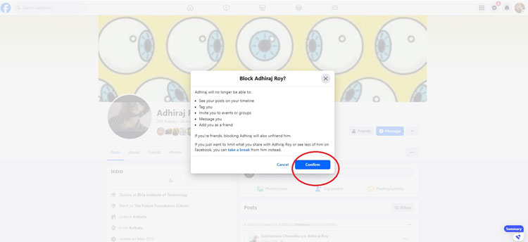 Facebook Desktop Profile Block and Hit Confirm