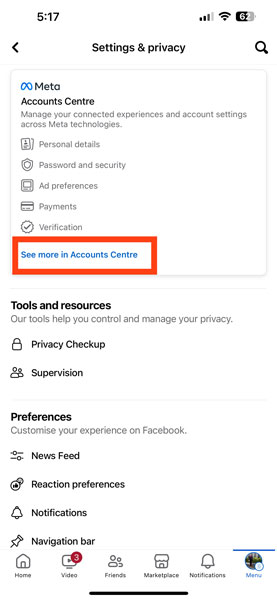 FB See more in Accounts Center Option