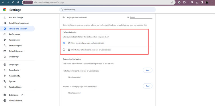 Chrome Default Behavior Settings