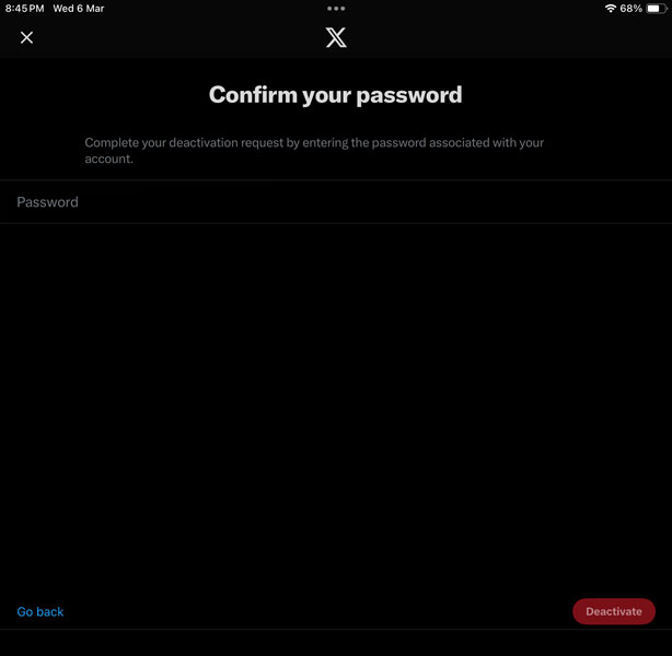 Confirm Deactivating X Account by Entering Your Login Password on iOS