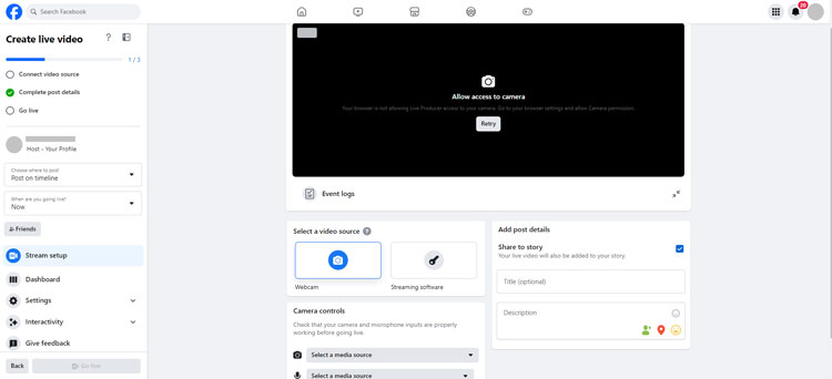 Facebook Live Video Setup Options