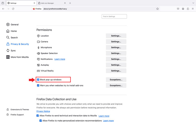 Mac 
 Firefox Permissions Settings