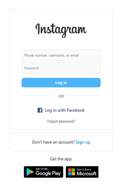 Instagram login page