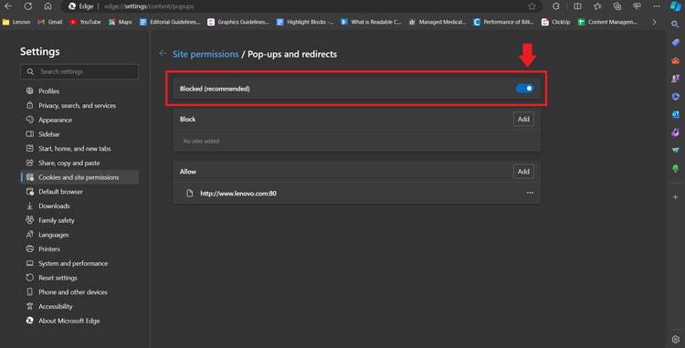 Microsoft Edge Pop-ups and Redirects Blocked Toggle Button
