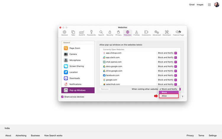 Mac 
 Safari Pop Up Windows Block and Allow Options